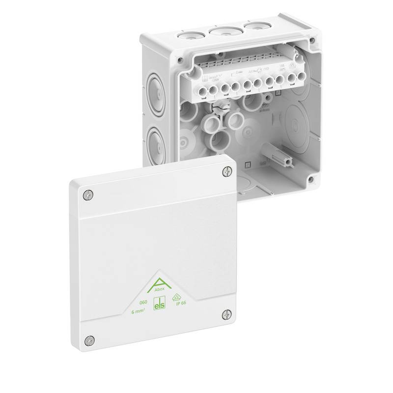 White electrical junction box with removable cover, showing terminal openings and cable entry points for wiring connections.