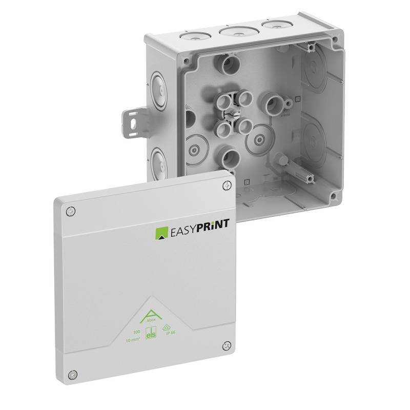 Gray electrical junction box with a white EasyPrint cover, shown open to reveal internal cable conduit openings and mounting points.<br>