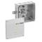 Gray electrical junction box with a white EasyPrint cover, shown open to reveal internal cable conduit openings and mounting points.<br>