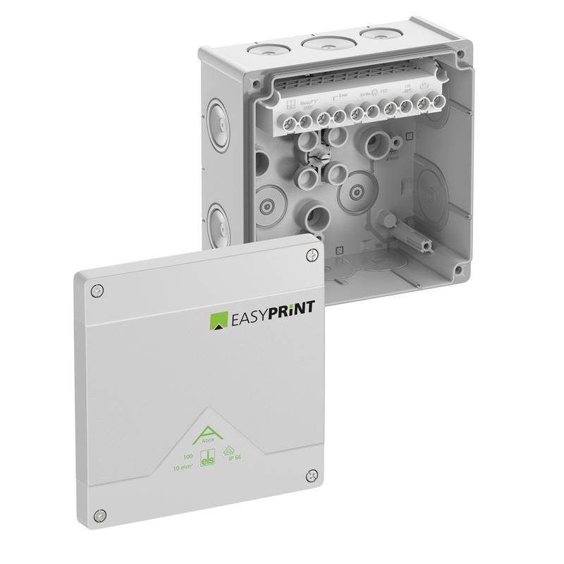 Gray EASYPRINT electrical junction box with open interior showing multiple cable entry ports and terminal connections, front cover detached in foreground.