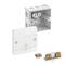 Electrical junction box with a white cover and two orange wire connectors, shown with the box open and internal wiring terminals visible.