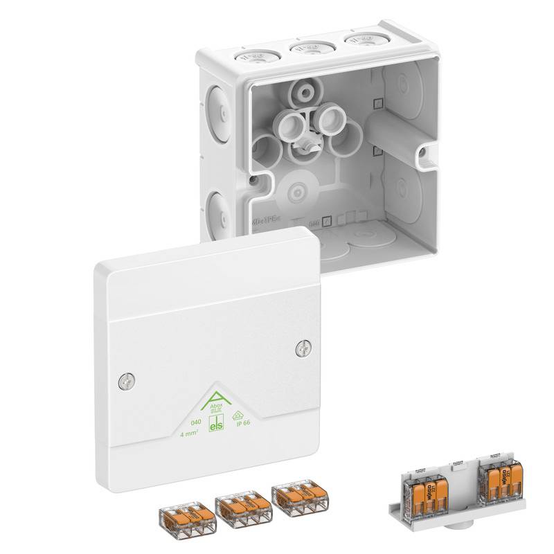 White electrical junction box with a hinged cover and installed wire connectors, shown with three orange terminal clips and a wiring assembly piece.<br>