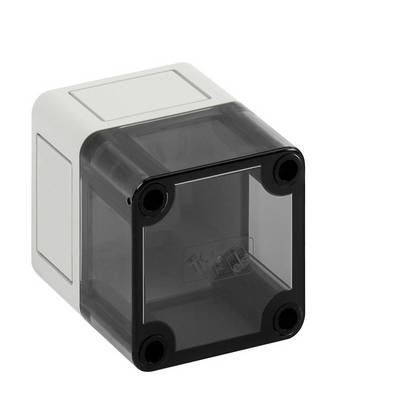 Small gray electrical enclosure with a dark transparent front cover and four corner screws, shown on a white background.