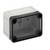 Gray electrical enclosure box with a dark translucent front cover and four corner screw mounts, shown on a white background.