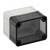 Clear plastic electrical enclosure box with dark smoke-tinted front cover and four corner screw holes<br>