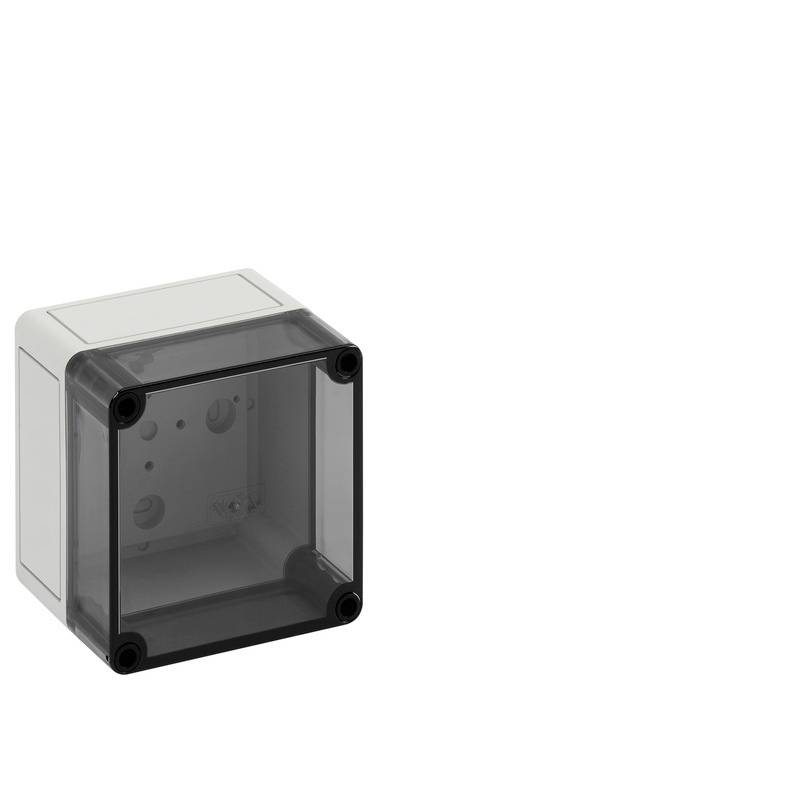 Small gray electrical enclosure box with a dark transparent front cover and four corner screws, shown on a white background.