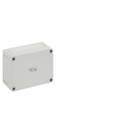 Gray electrical junction box with four corner screws on a plain white background.