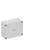 Gray electrical junction box with four corner screws on a plain white background.
