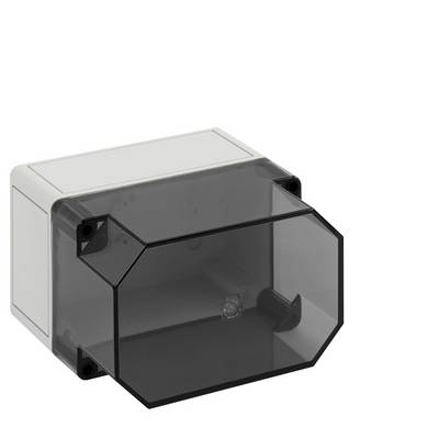 Transparent-front electrical enclosure box with a dark smoked cover and rectangular white back housing.