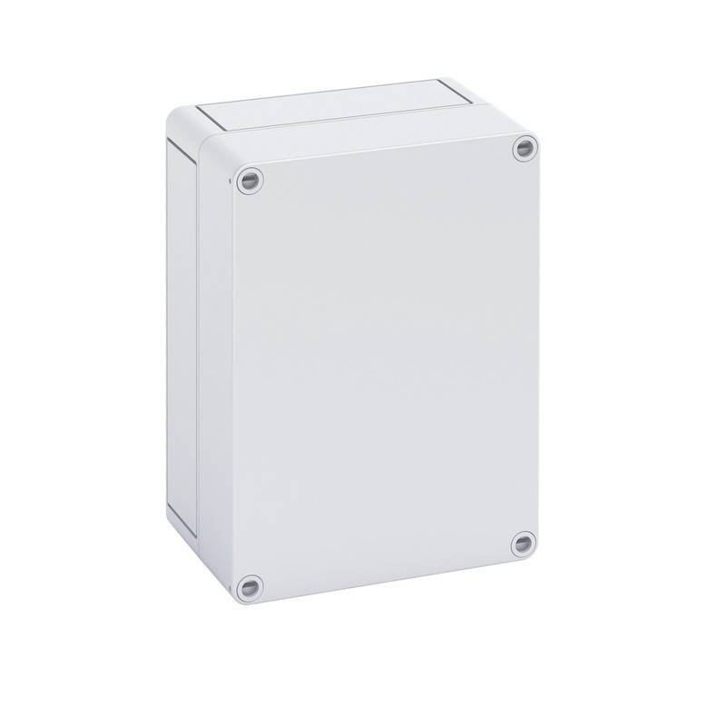 Plain white electrical junction box with a removable cover and four corner screws, shown isolated on a white background.