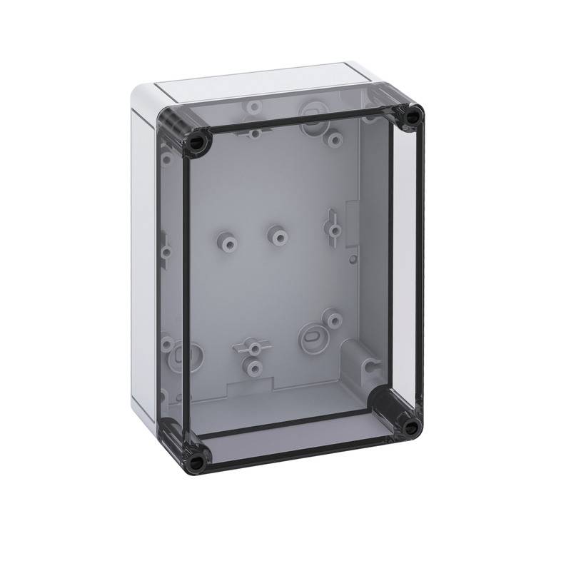 Transparent gray electrical enclosure box with a clear front cover and mounting holes, shown empty on a white background.