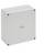 Gray metal electrical junction box with four corner screws and a plain front cover on a white background.