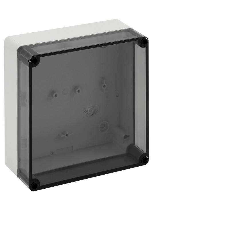 Empty gray electrical enclosure with a smoked transparent front cover and four corner screws<br>