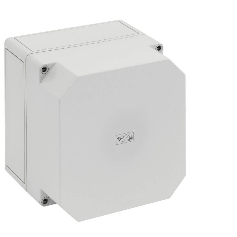 White rectangular electrical enclosure box with a hinged front cover and corner fasteners, shown on a plain background.