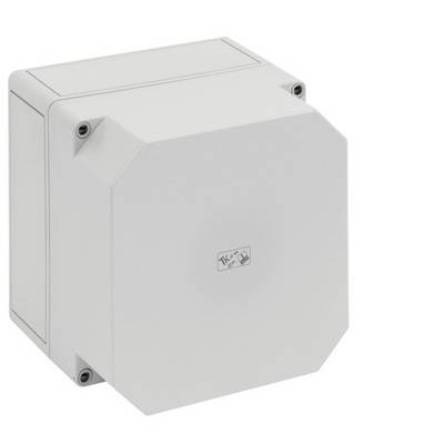 White rectangular electrical enclosure box with a hinged front cover and corner fasteners, shown on a plain background.