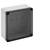 Square gray electrical junction box with a dark translucent front cover and corner screw mounts on a white background