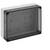 Gray plastic electrical enclosure box with a dark transparent cover, shown in perspective against a white background.