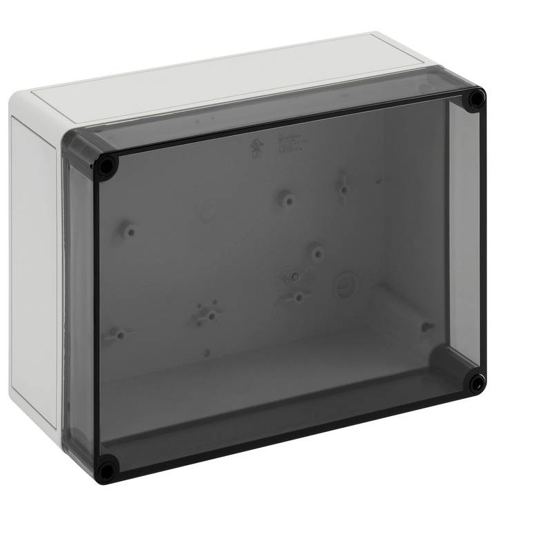 Rectangular wall-mounted electrical enclosure with a smoky transparent front cover and plain gray metal body.<br>