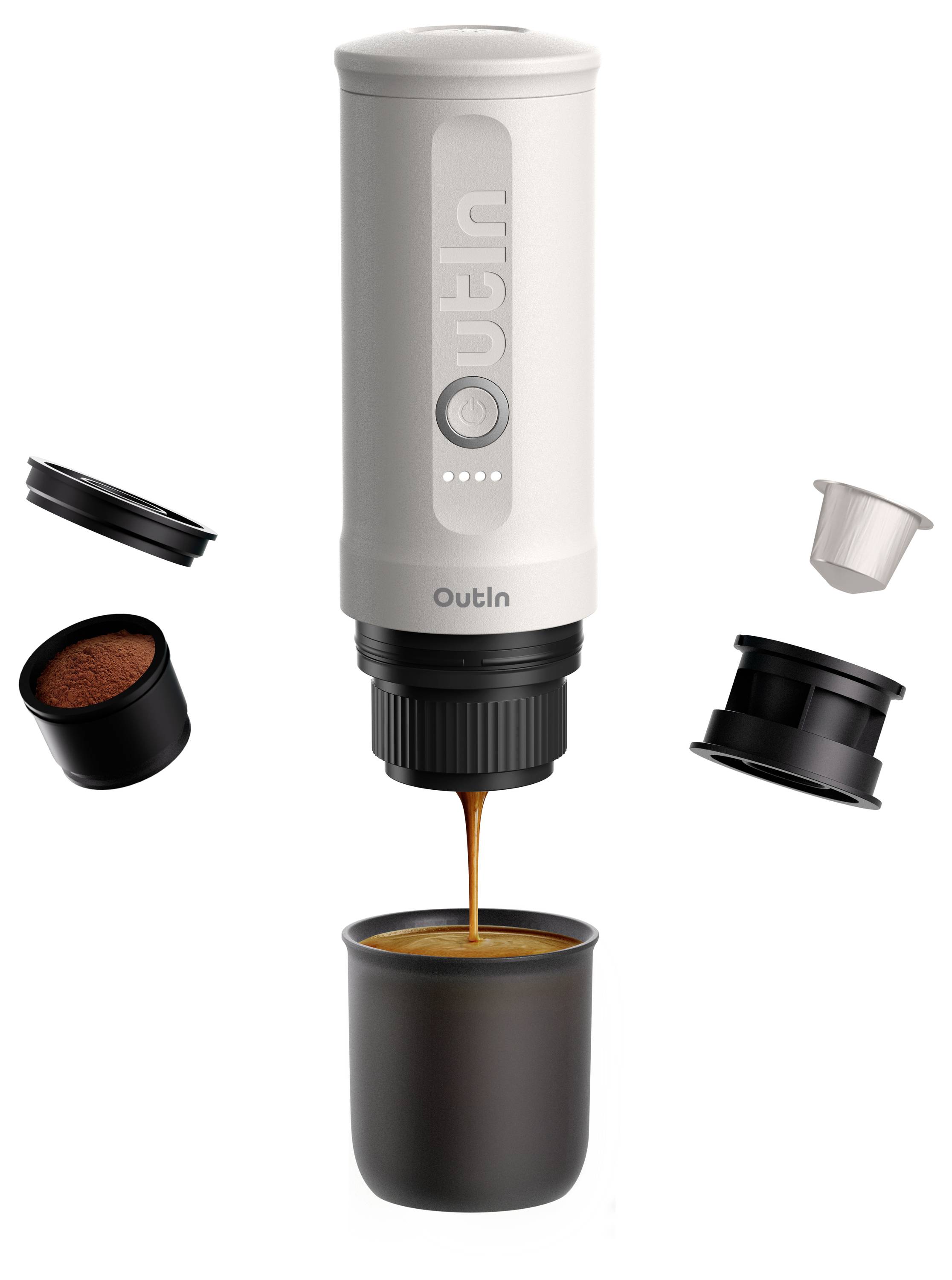 The image shows a portable coffee maker dispensing espresso into a cup. It includes coffee grounds and a capsule for brewing.