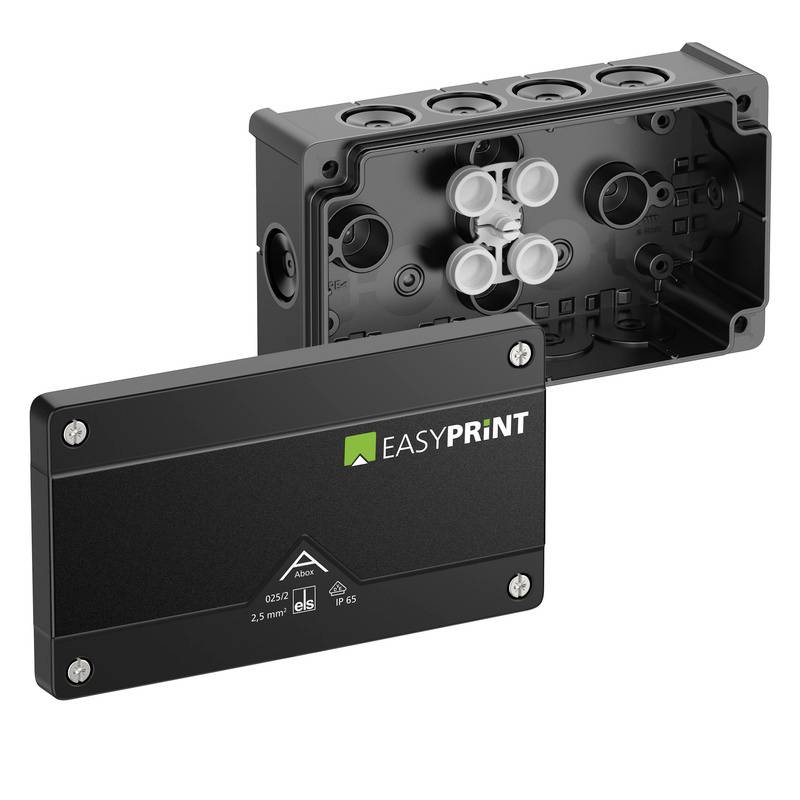 Black EASYPRINT electrical junction box with a removable cover, showing internal cable entry ports and connectors.