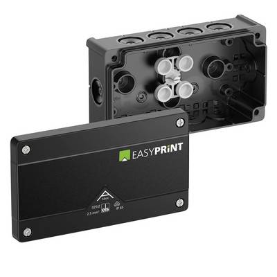Black EASYPRINT electrical junction box with a removable cover, showing internal cable entry ports and connectors.