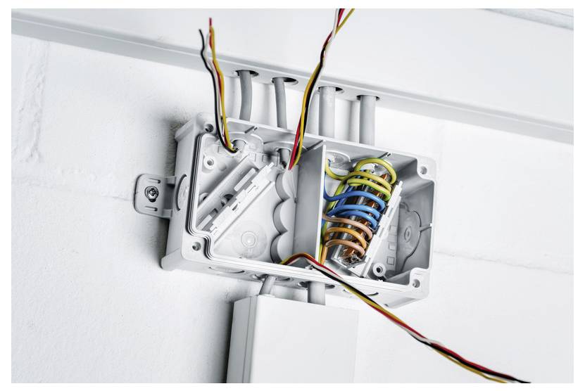 Open electrical junction boxes with exposed multicolored wires and a coiled wire connector mounted on a white wall.