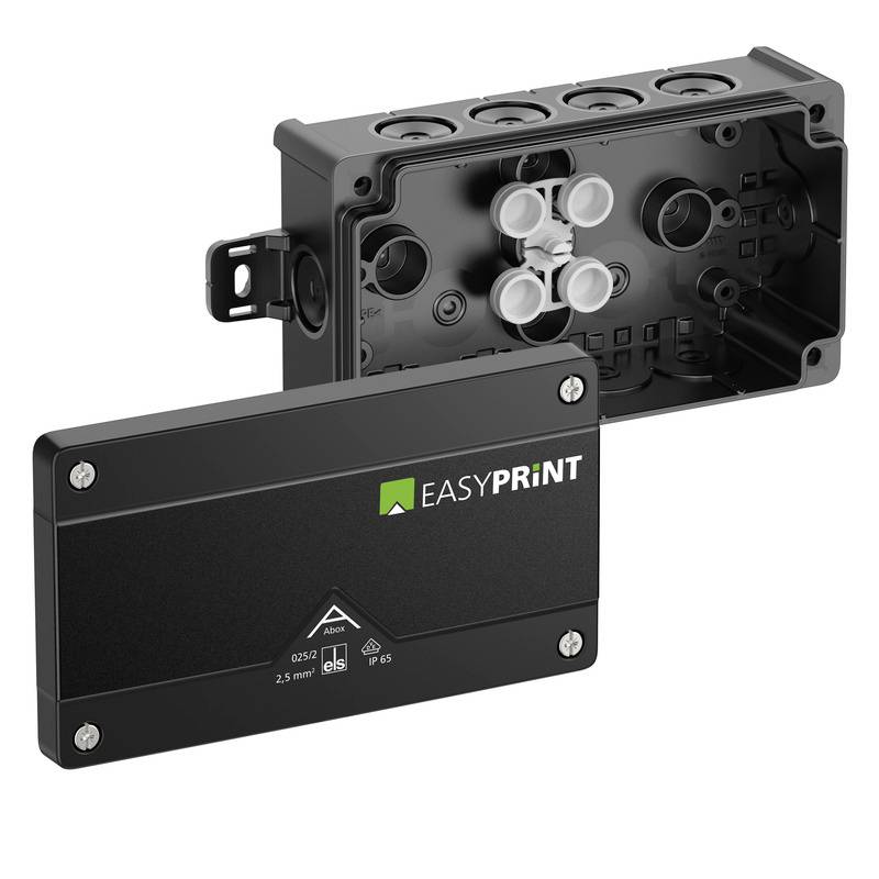 Black EasyPrint electrical junction box with removable front cover, showing interior cable entry ports and connectors.