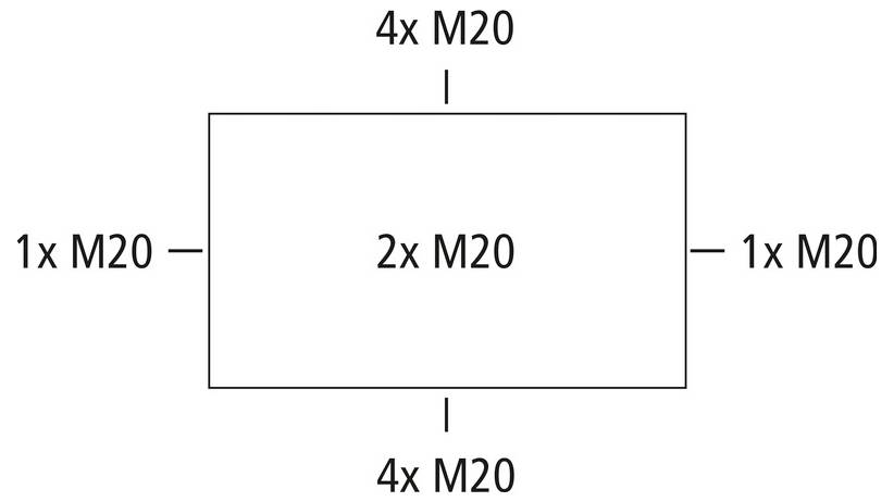 Diagram of a rectangular plate showing bolt hole locations: 4x M20 at the top and bottom, 1x M20 at the left and right, and 2x M20 in the center.