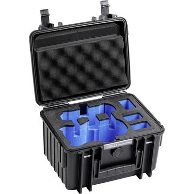 Black protective case with open lid, showing custom blue foam inserts designed to securely hold electronic devices or tools.