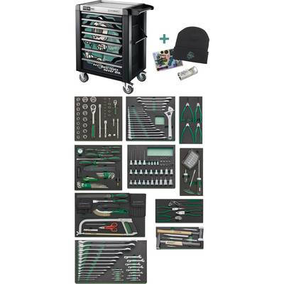 A rolling tool cabinet with various organized hand tools, including wrenches, pliers, screwdrivers, and sockets. Accompanied by a hat, sticker, and can.