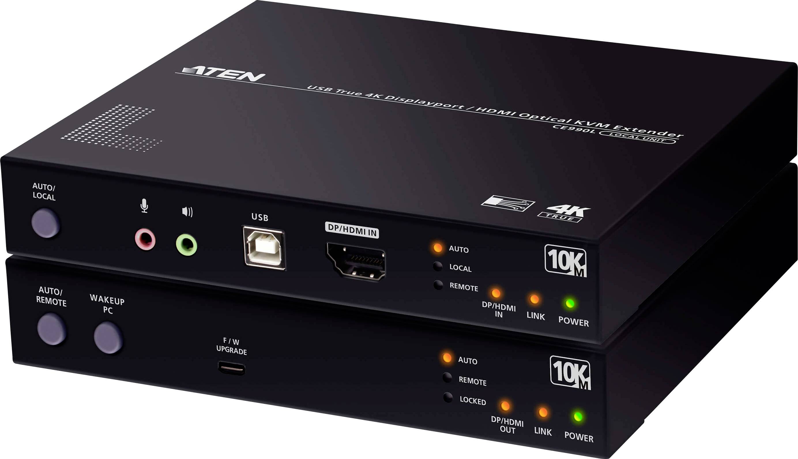 'Aten' 4K DisplayPort/HDMI optical fiber extender; two black devices, labeled inputs/outputs include USB, DisplayPort, HDMI, power.