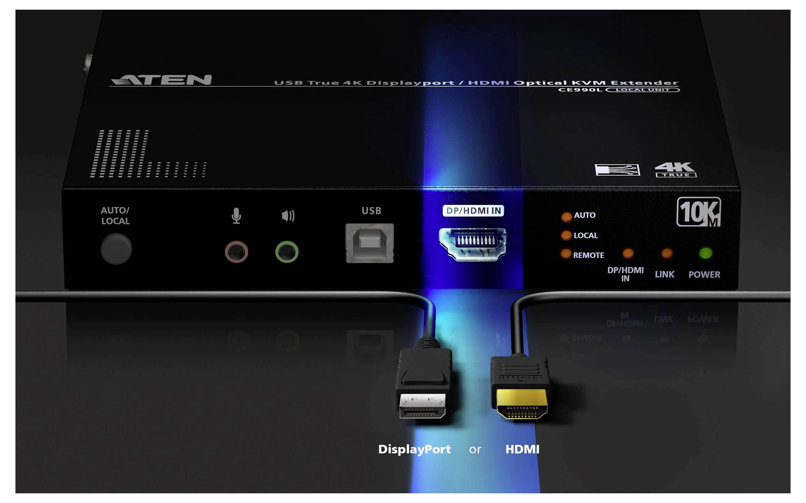 'ATEN USB True 4K DisplayPort/HDMI KVM Extender' device showing ports for audio, USB, DisplayPort, and HDMI, with labeled connection cables below.