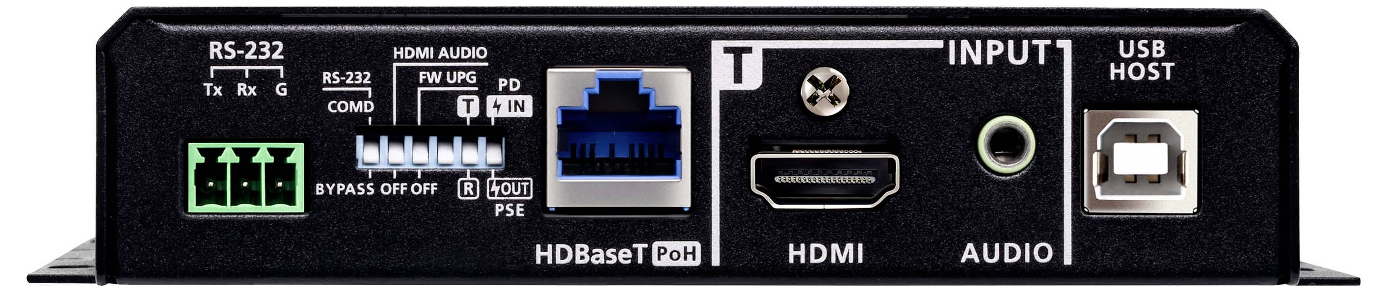 Device back panel with ports: RS-232, HDMI, audio, USB host, HDBaseT port, and control switches. Labeled 'INPUT' and 'PoE'.