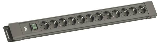 A 12-outlet power strip with a black on/off switch and surge protection, suitable for managing multiple electronic devices efficiently.