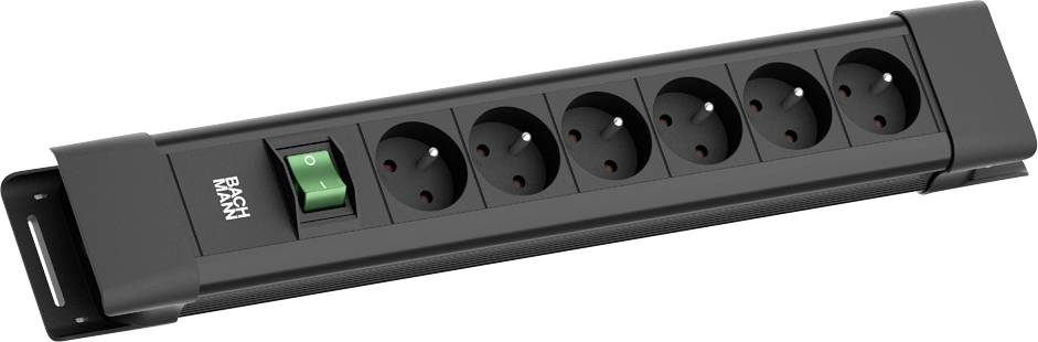 A black power strip with six European socket outlets and a green on/off switch, suitable for organizing multiple electronic devices.