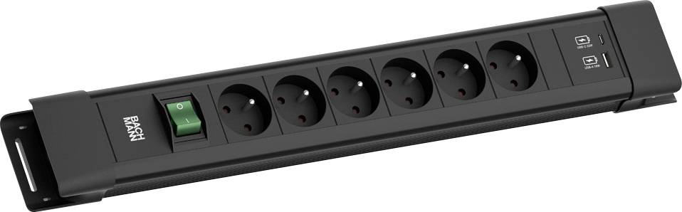 A black power strip with six European sockets, a green switch, and two USB ports on the end. The brand name is on the left.