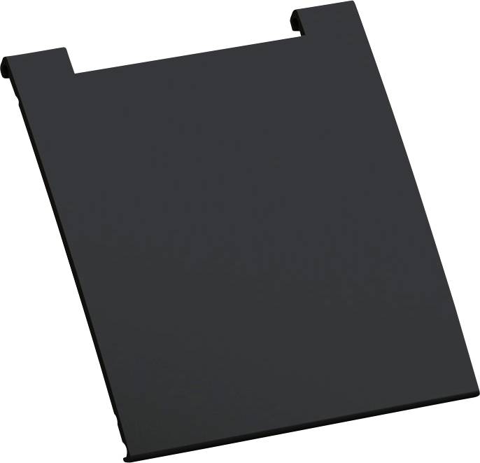 'A black, rectangular metal plate with small tabs at the top edges, viewed at an angle.'