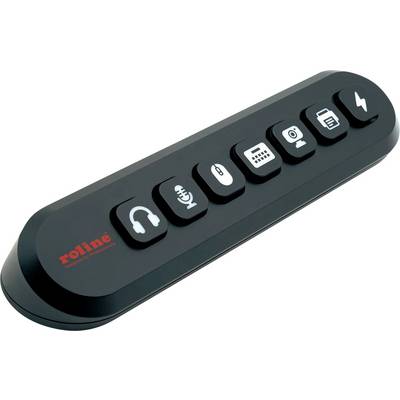A black USB hub featuring seven buttons with printed icons, including headphones, microphone, mouse, keyboard, camera, printer, and lightning bolt.