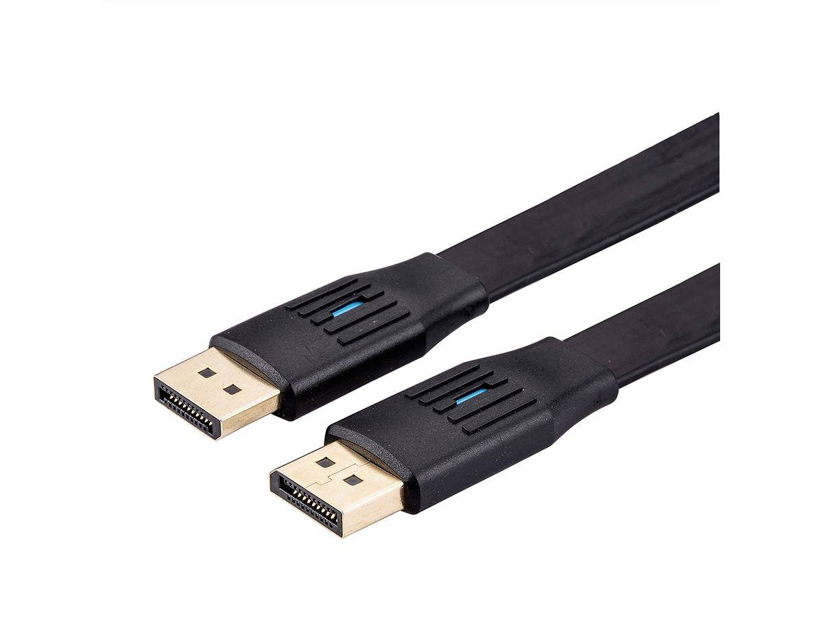 Two black DisplayPort cables with gold-plated connectors, featuring grooves and a blue line on the casing.