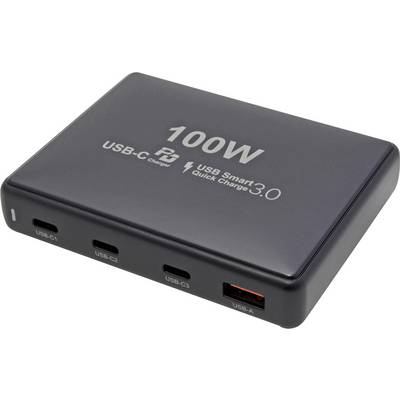 A black 100W USB charger with four ports: three USB-C labeled 'USB-C1', 'USB-C2', 'USB-C3', and one USB-A labeled 'USB-A'.