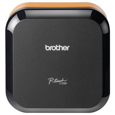 Brother P-touch E720BT label maker in black and orange, with the Brother logo on top and model name at the bottom.
