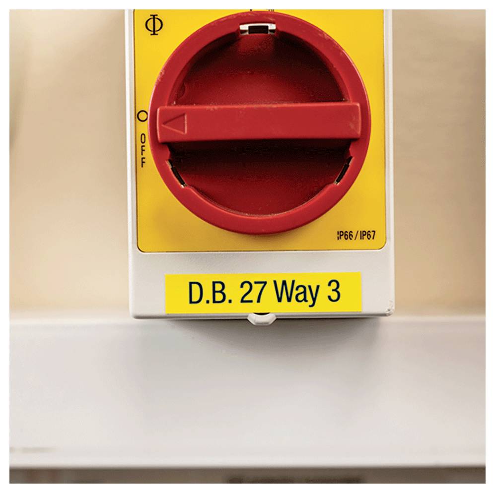 A red and yellow electrical switch with the label 'D.B. 27 Way 3', set to the off position.