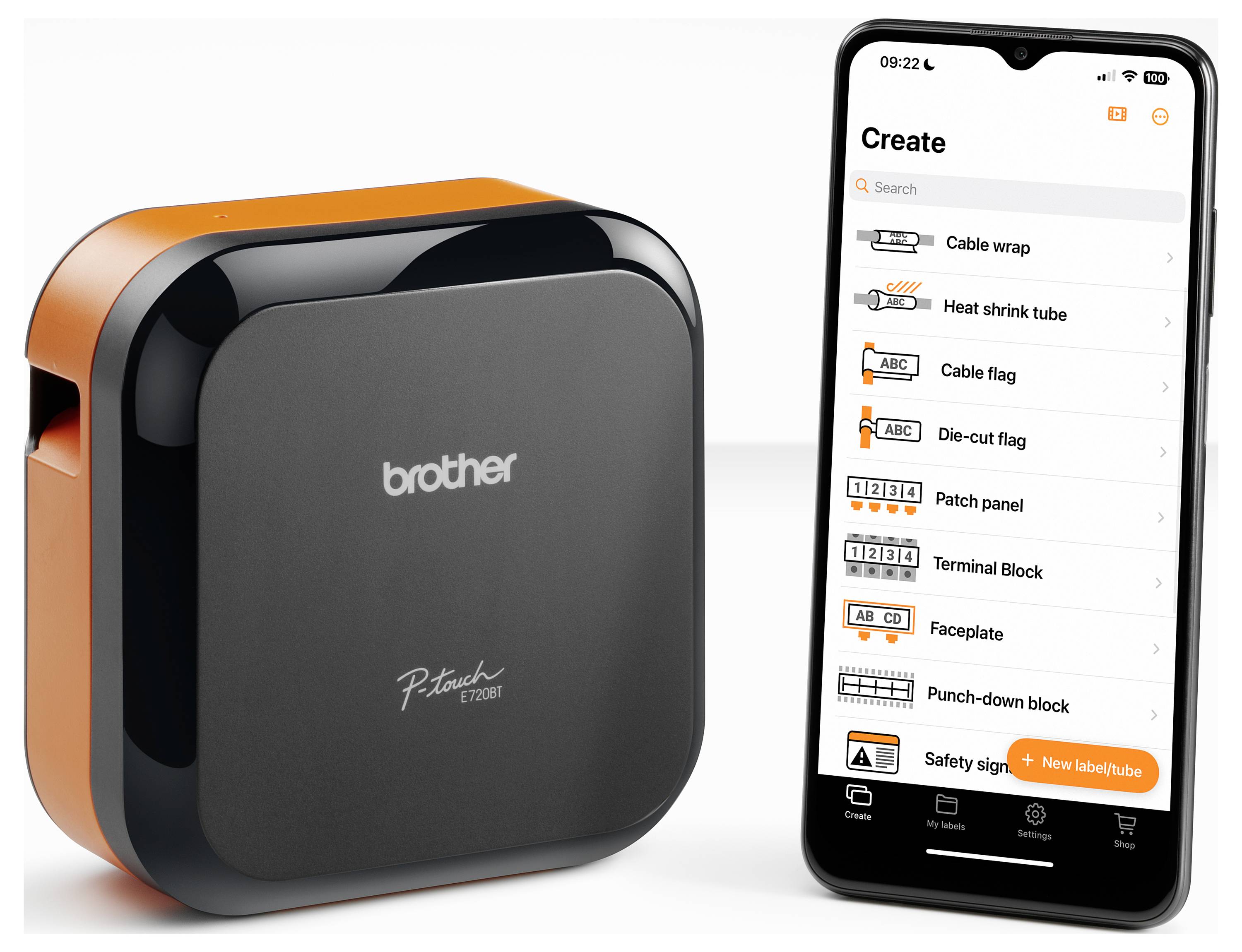 Label printer next to a smartphone screen displaying a label creation app with various options like 'Cable wrap' and 'Patch panel'.