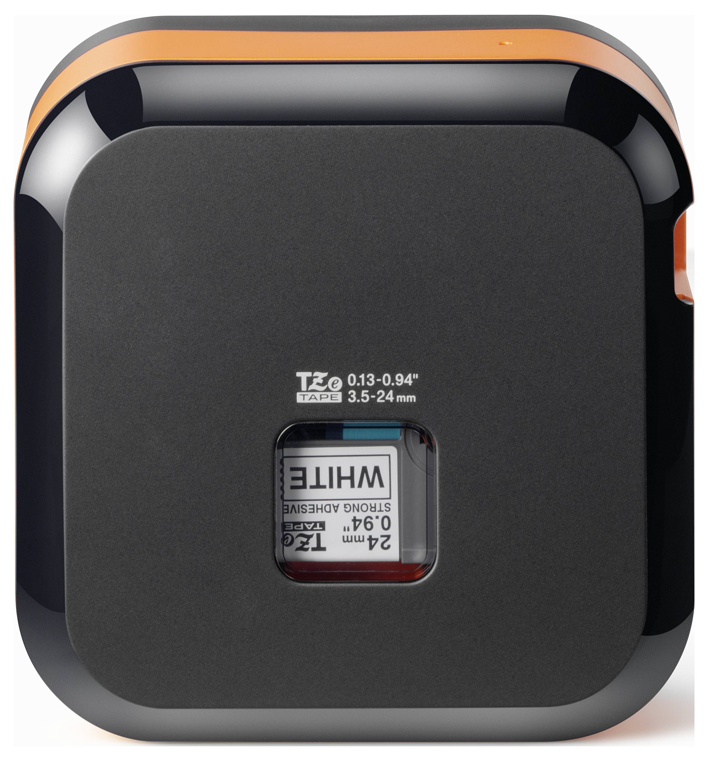 'Black label printer with a viewing window displaying a white tape cartridge inside. Orange accents on the edge.'