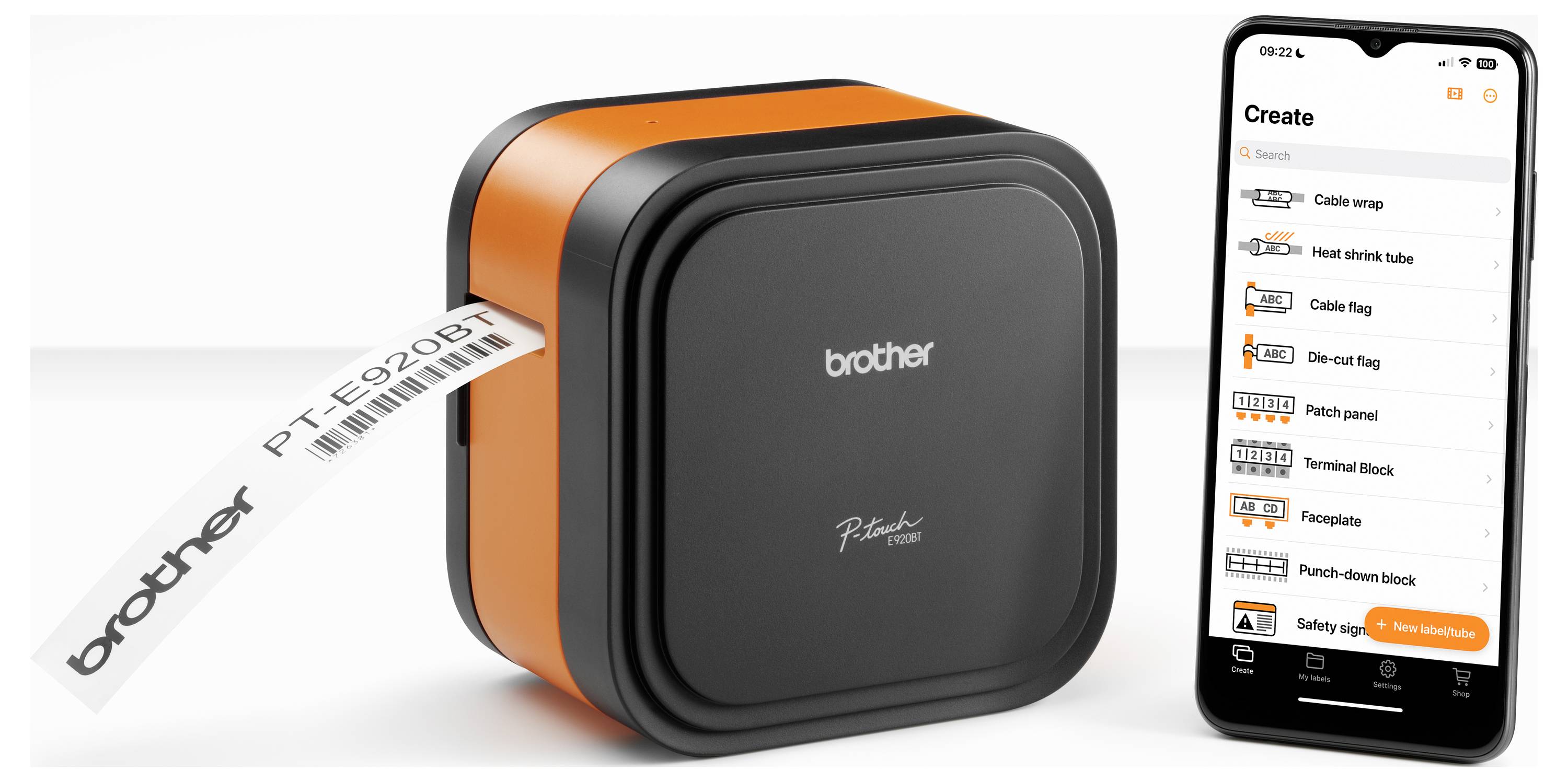 Label printer with 'brother' logo prints a tag. Smartphone shows options like 'Cable wrap', 'Face plate', and 'Safety sign'.