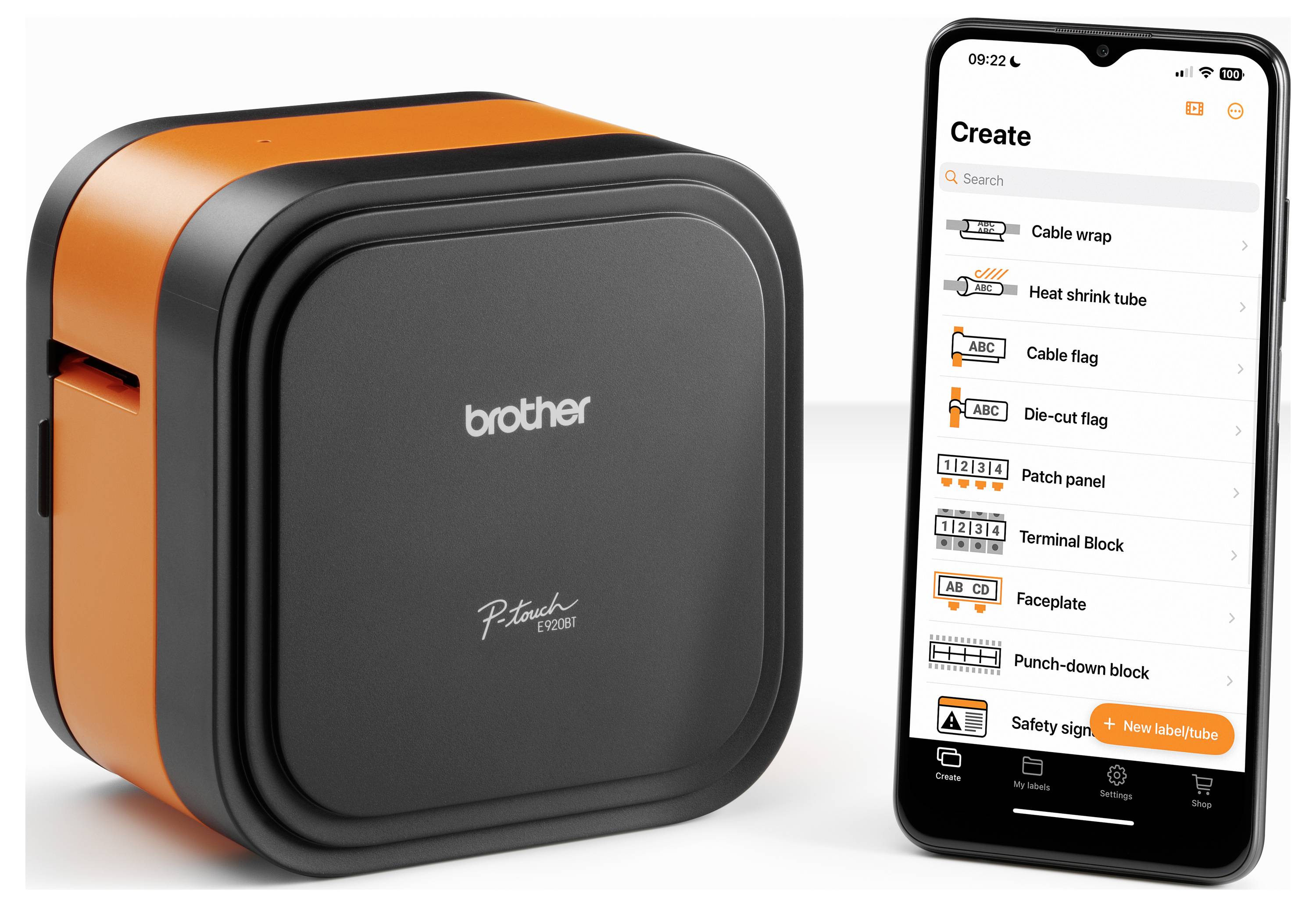 A Brother label printer next to a smartphone displaying a label design app with options for different types of labels.