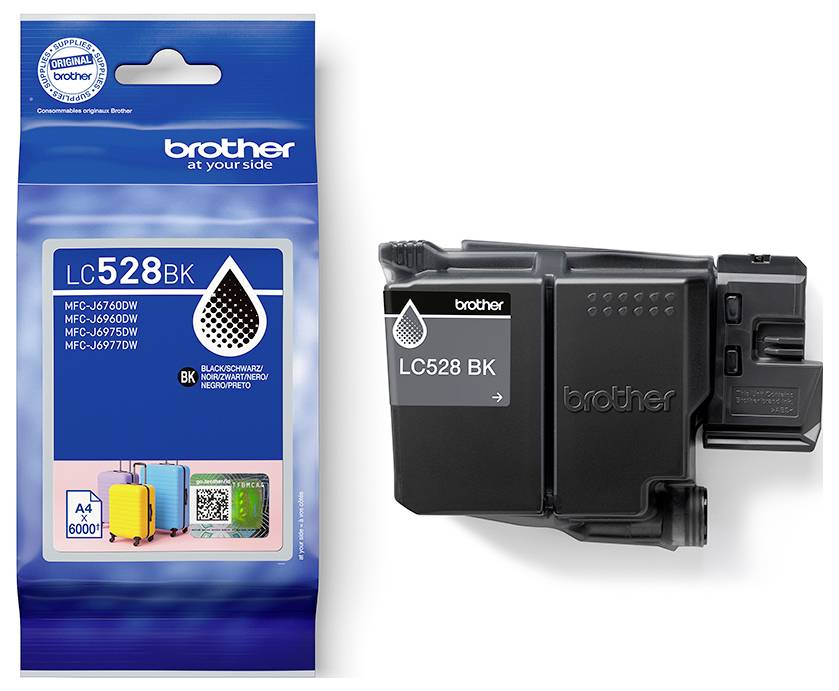 'Brother LC528BK black ink cartridge' next to its packaging, labeled for compatible printer models and black droplet symbol indicating ink type.