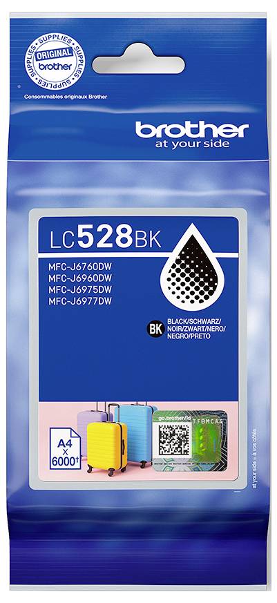 'Brother LC528BK' ink cartridge packaging with color icons and security label, compatible with MFC-J6700DW, MFC-J6960DW, MFC-J6970SDW, MFC-J6977DW.