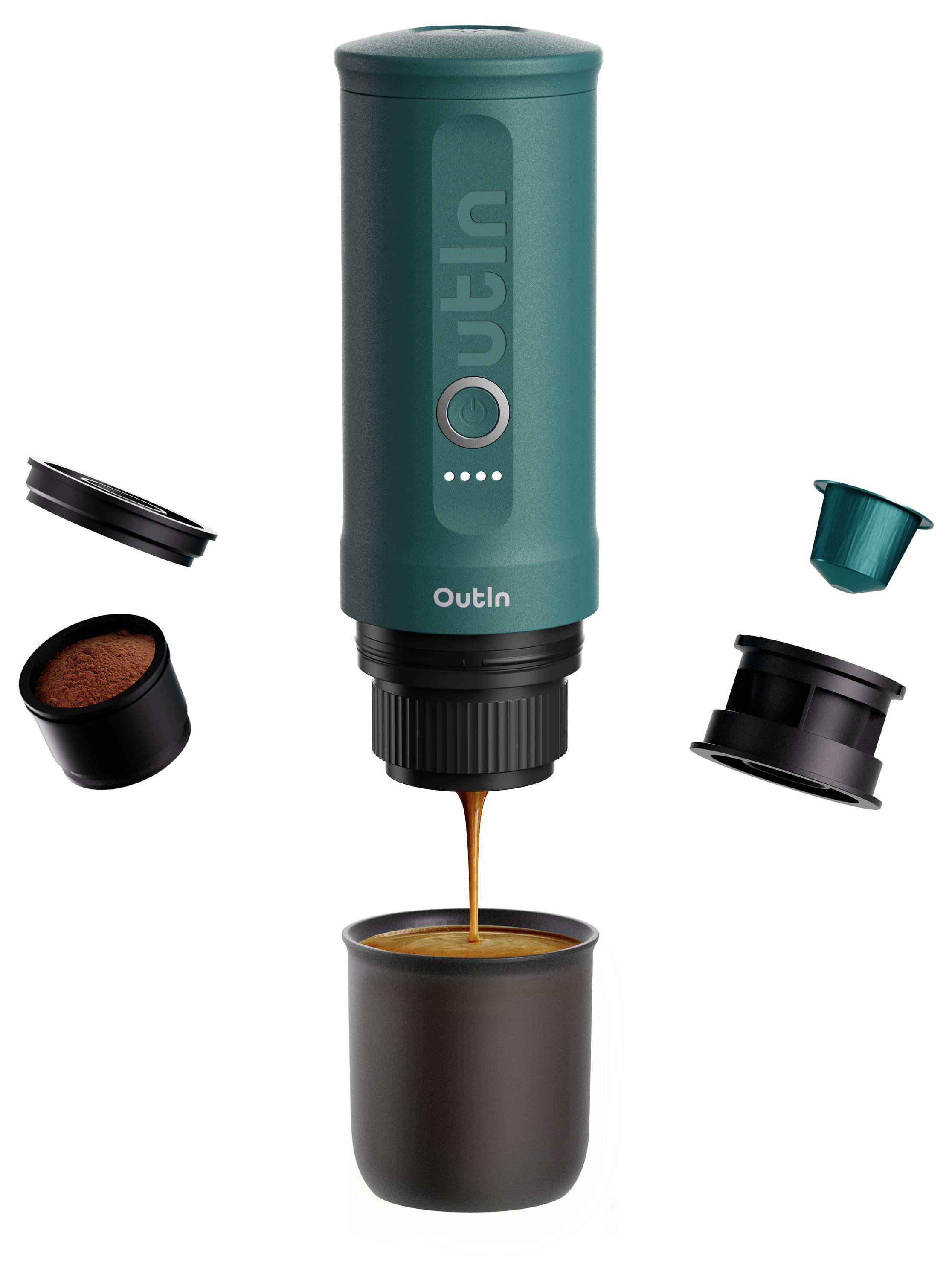 A portable espresso maker with a teal body is dispensing coffee into a cup. Capsules and a filter are shown beside it, illustrating usage.
