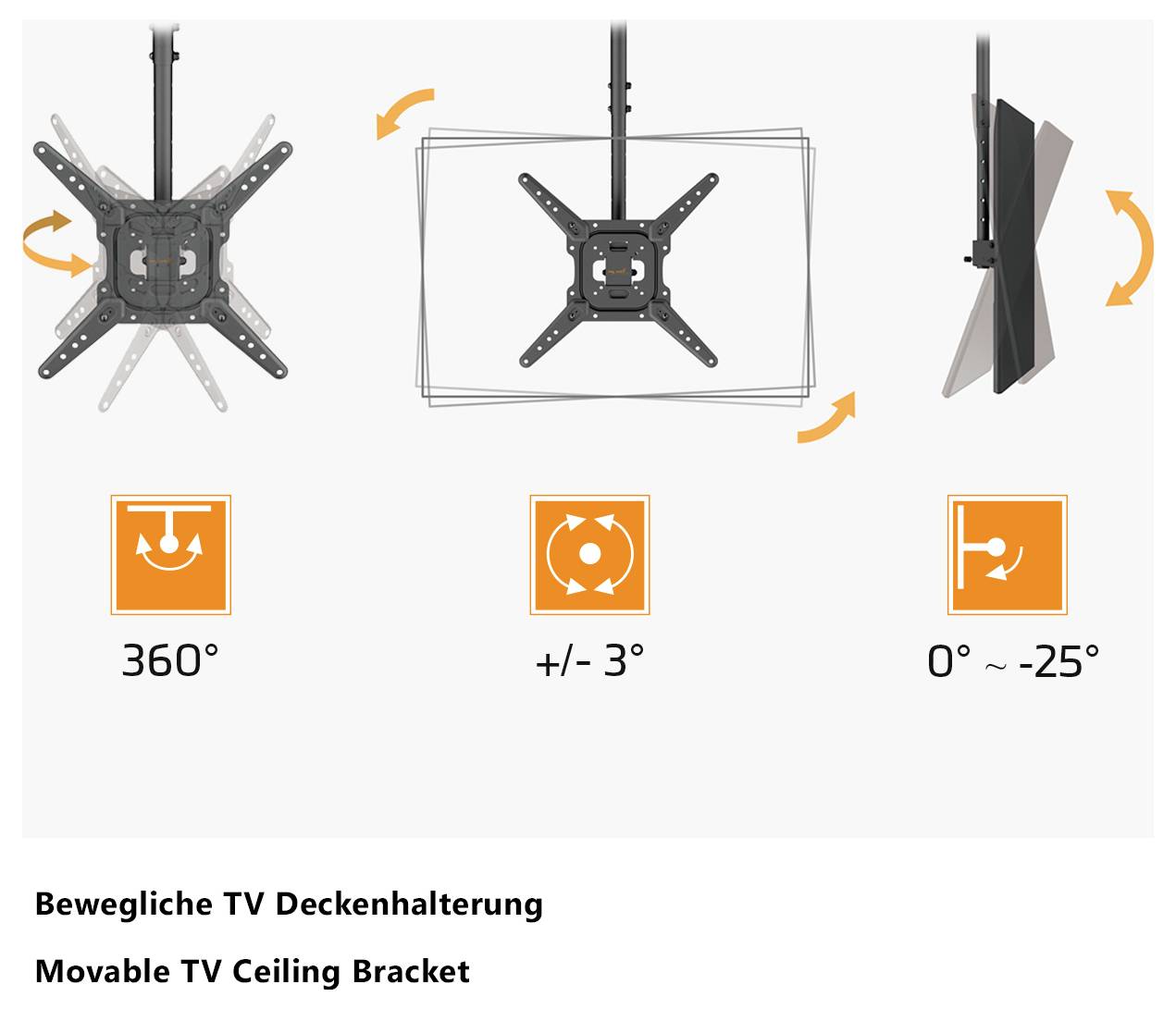 'Movable TV Ceiling Bracket' showing rotation: 360°, tilt: +/- 3°, lateral shift: 0° to 25°. German and English text indicate same.